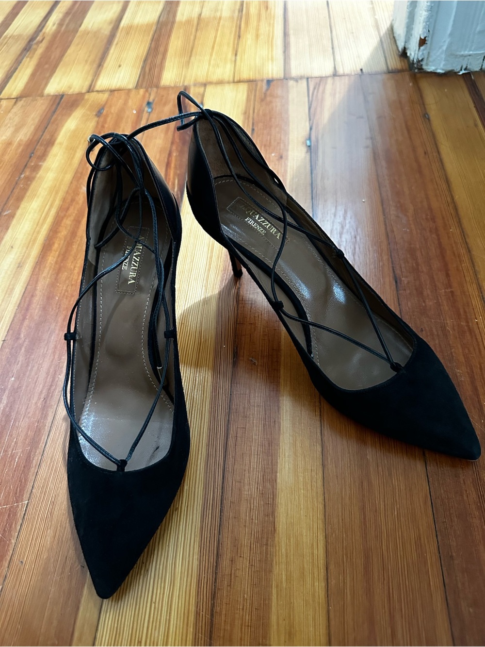 Aquazzura Black Suede Lace-Up Pointed-Toe Heels